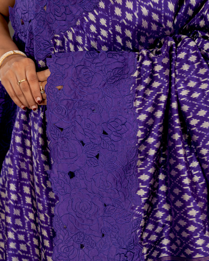 Handloom Pure Patola Silk Saree with Scalloped Floral Appliqué Embroidered Borders