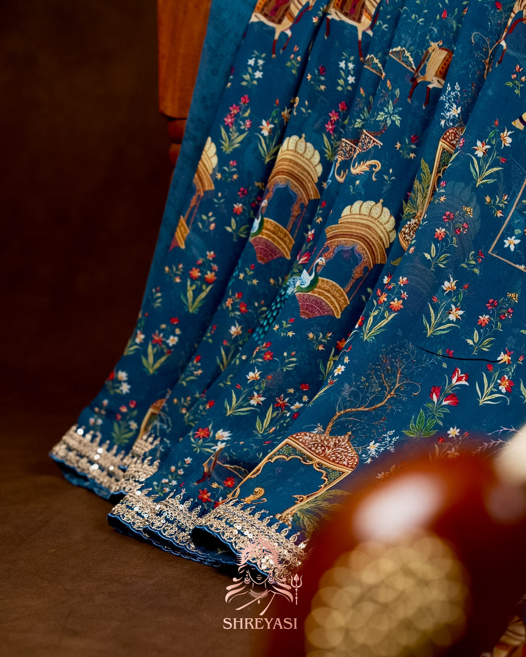 Mughal Garden Print Crepe Chinon Saree with Embroidered Border