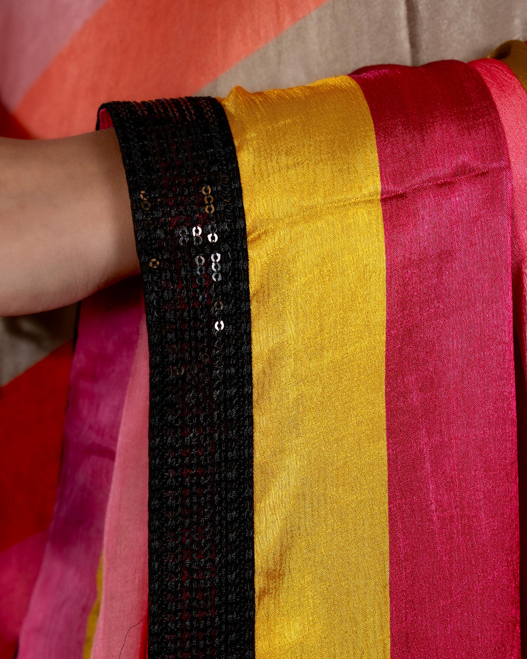 Pure Chinon Satin Saree with Multicolor Stripes and Sequin Border with Sequin Blouse