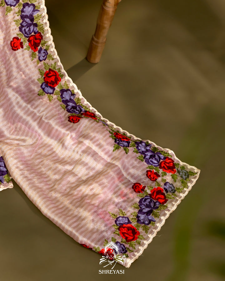 Chanderi Tissue Saree with Pita & Thread Floral Embroidery