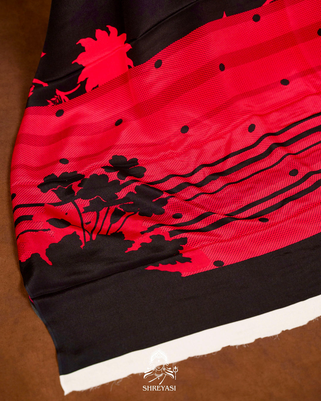 Pure Crepe Floral Saree in Black and Scarlet Red
