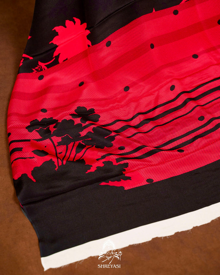 Pure Crepe Floral Saree in Black and Scarlet Red