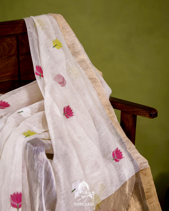 Handloom Silk Linen Jamdani Saree with Tissue Paithani Pallu