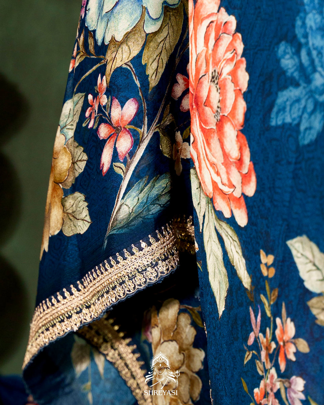Floral Crepe Chiffon Saree with Embroidered Borders