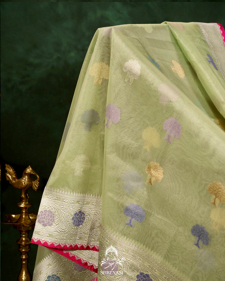 Handloom Pure Banarasi Ektara Kora Silk Saree with Meenakari Weaving & Embroidered Blouse