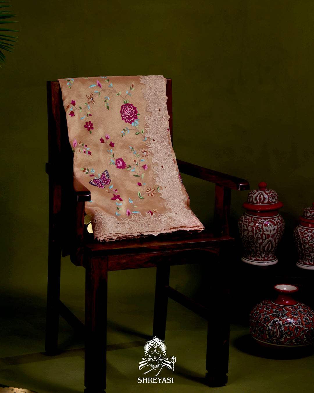 Handloom Pure Tissue Silk Saree with All Over Petit Point Embroidery and Chantilly Lace Borders