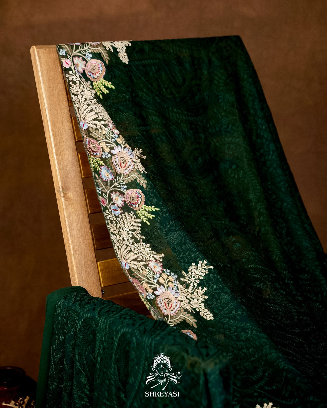 Premium Pure Georgette Chikankari Saree in Emerald Green with Embroidered Floral Borders