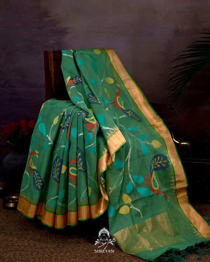 Handwoven Pure Ponduru Khadi Jamdani Saree with All-Over Peacock Vine Weave