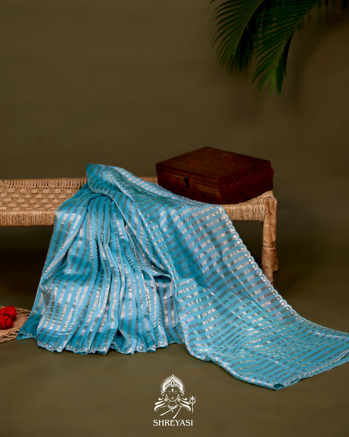 Chanderi Tissue Silk Saree with Pita Embroidered Borders and Gota Patti Embroidered Floral Blouse
