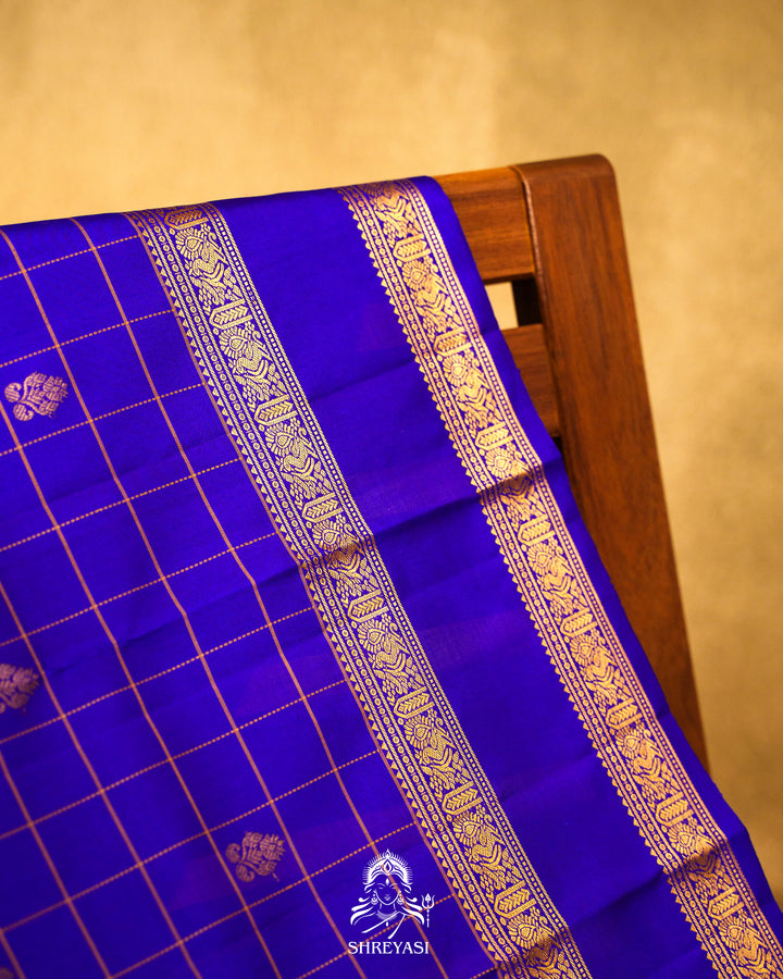 Handloom Pure Kanjivaram Silk Saree in Royal Blue with Kattam Checks and Traditional Zari Borders