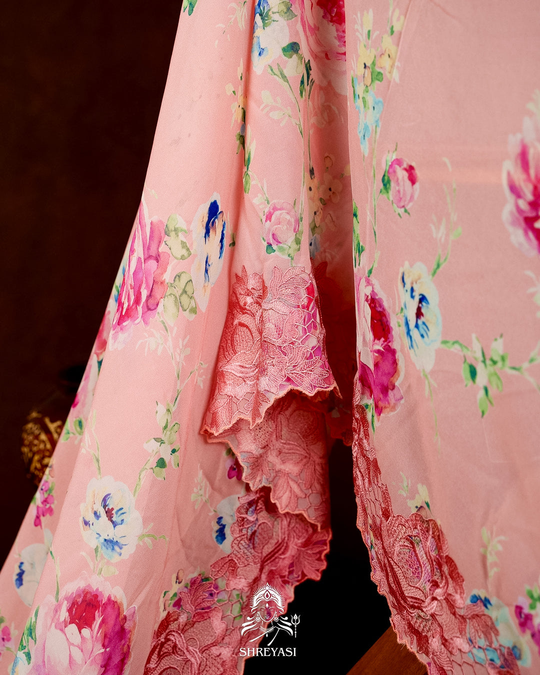 Pure Georgette Floral Saree with Chantilly Lace Embroidery Border