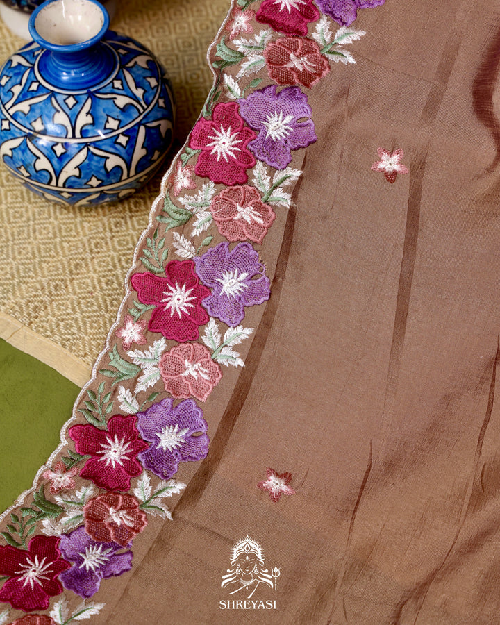 Tussar Silk Saree with Resham Floral Embroidery Border