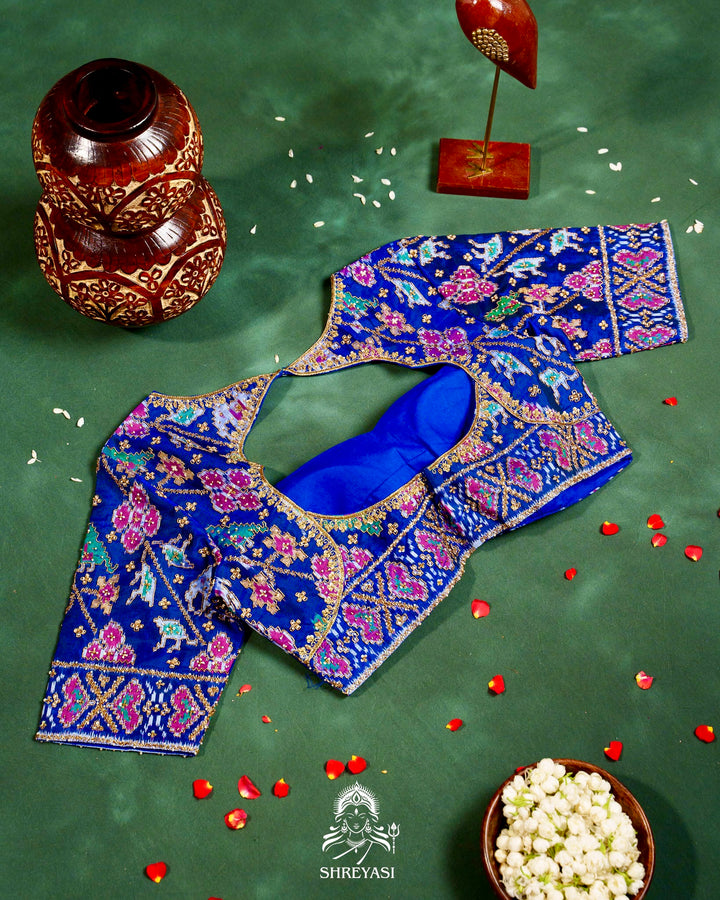 Handloom Pure Single Ikat Rajkot Patola Silk Blouse with Rich Hand Embroidery