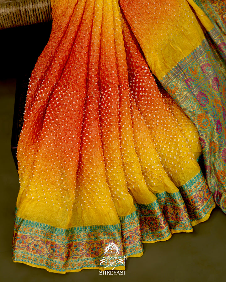 Hand Knotted Bandhej Tussar Silk Saree with Meenakari Weaving