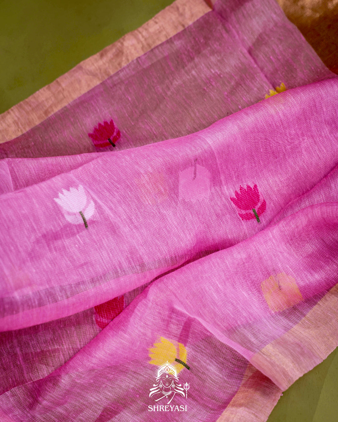Handloom Silk Linen Jamdani Saree with Tissue Paithani Pallu