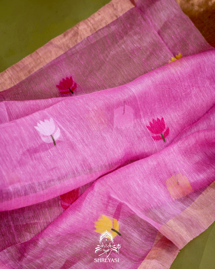 Handloom Silk Linen Jamdani Saree with Tissue Paithani Pallu