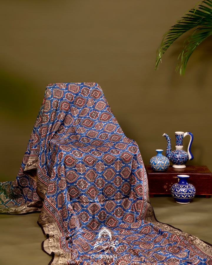 Hand Block Printed Ajrakh Dola Silk Saree with Zari Brocade Blouse