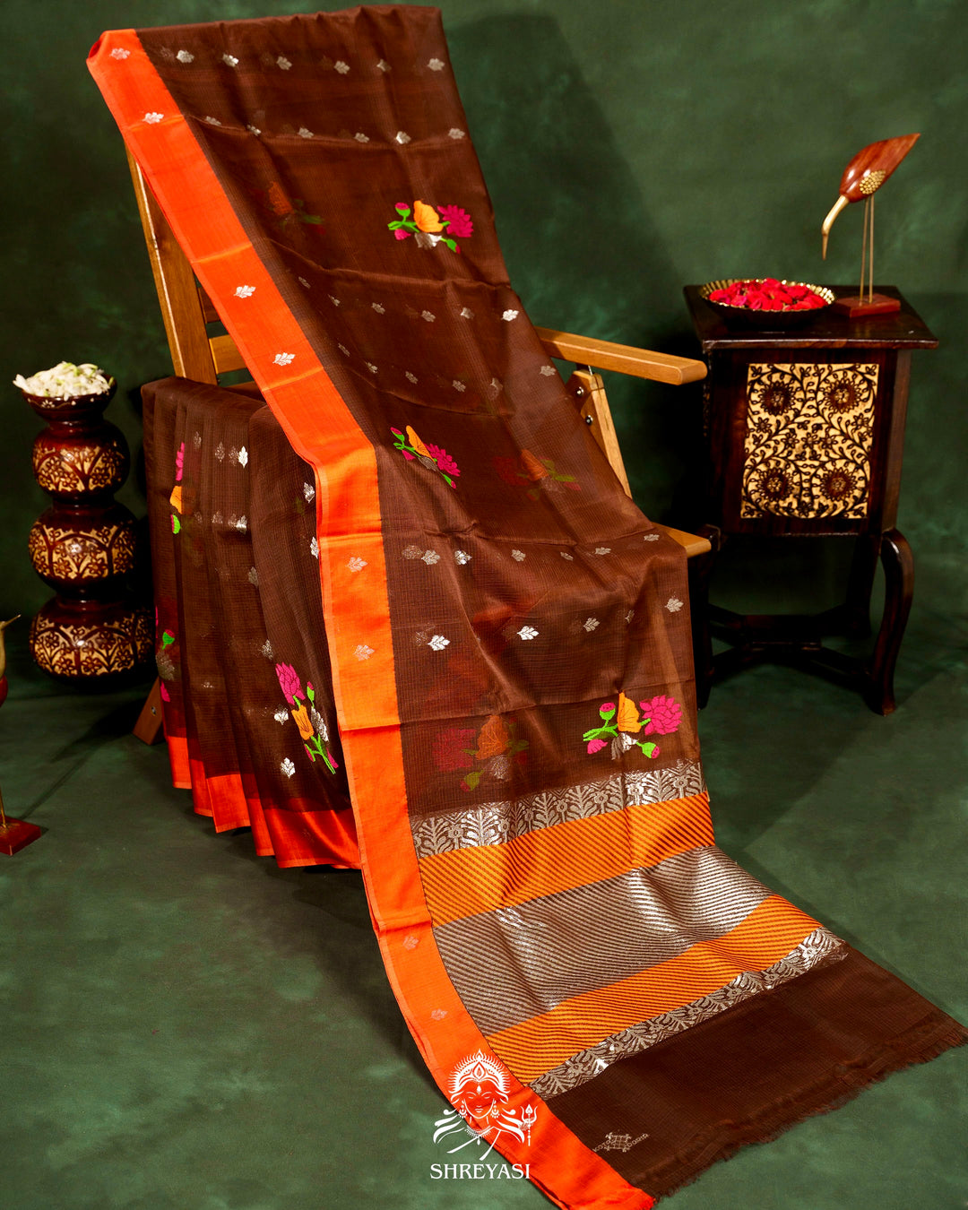 Chocolate Brown Handloom Pure Zari Kota Saree with Orange Contrast Blouse