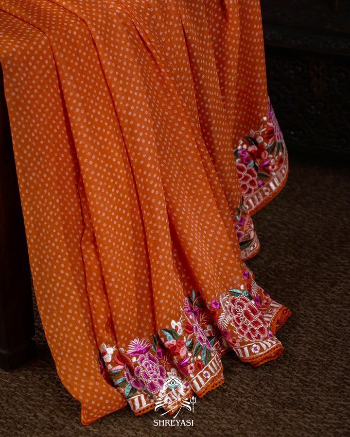 Pure Georgette Saree with Parsi Gara Style Embroidered Borders and Bandhej Body