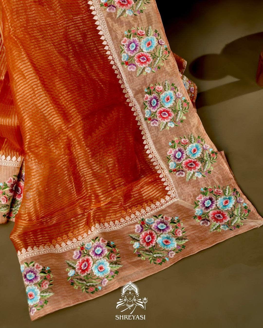 Handloom Banarasi Tissue Stripe Silk Saree with Satin Stitch Floral Embroidered Borders