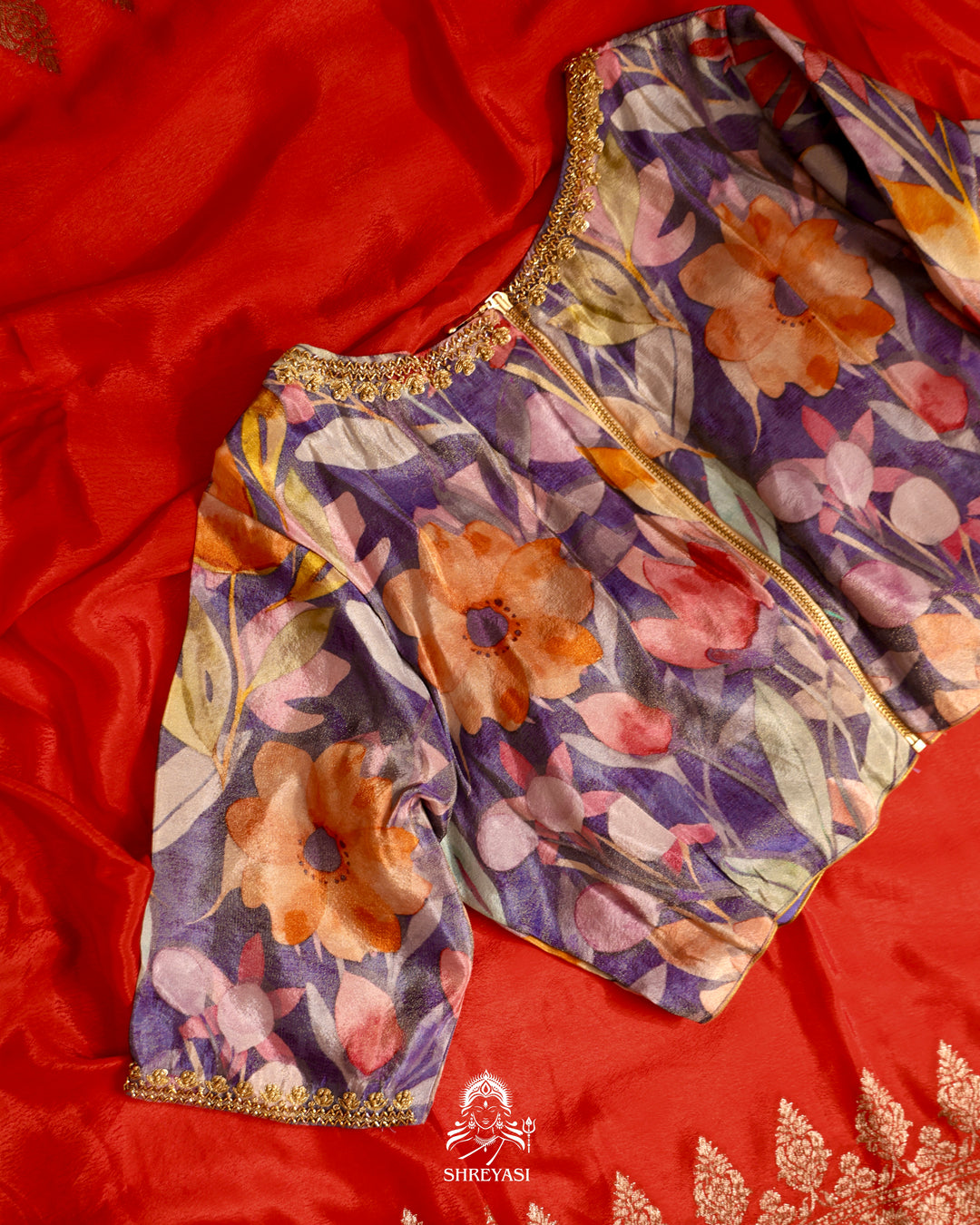 Banarasi Crepe Silk Saree with Floral Embroidered Blouse