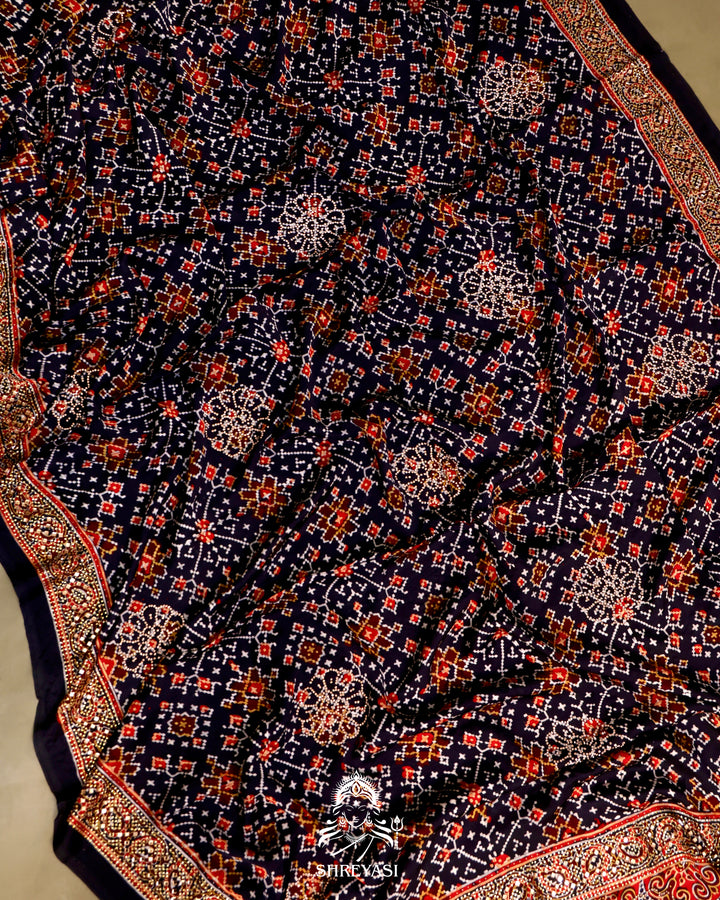 Pure Modal Silk Ajrakh Saree with Swarovski Crystal Embroidery