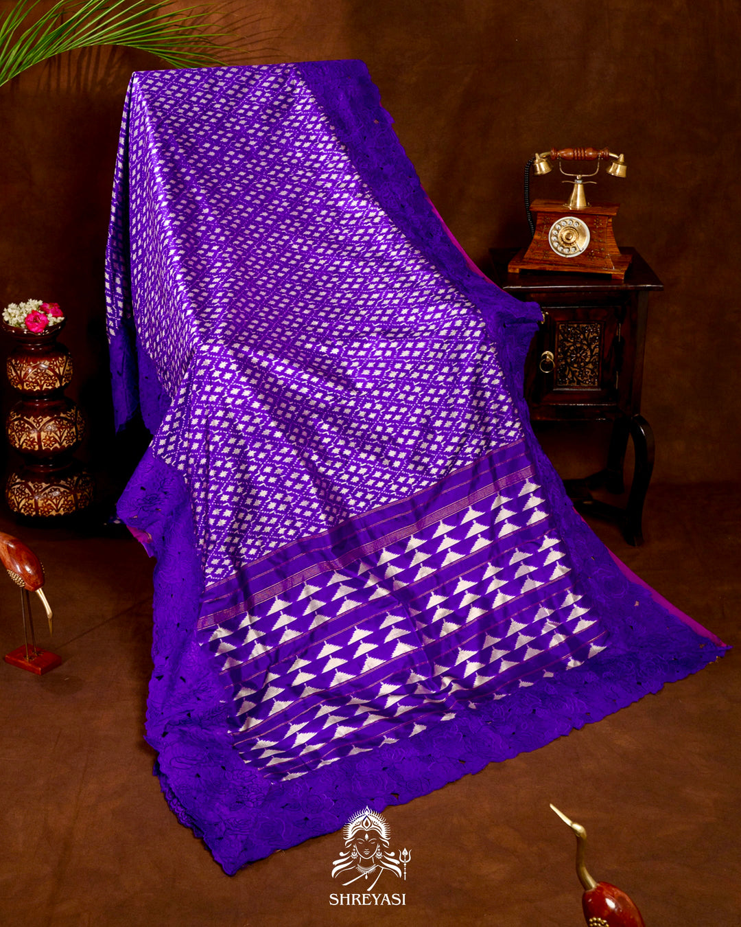 Handloom Pure Patola Silk Saree with Scalloped Floral Appliqué Embroidered Borders