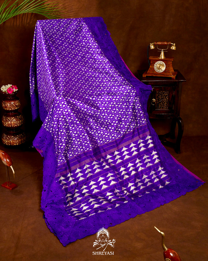 Handloom Pure Patola Silk Saree with Scalloped Floral Appliqué Embroidered Borders