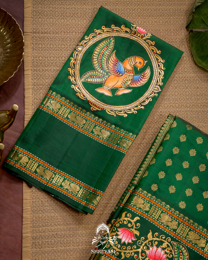 Handloom Pure Kanjivaram Silk Saree in Real Zari with Tanjore Kili and Kamalam Artwork