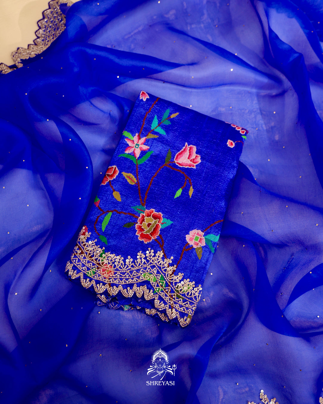 Organza Silk Saree with Scalloped Hand Embroidered Border