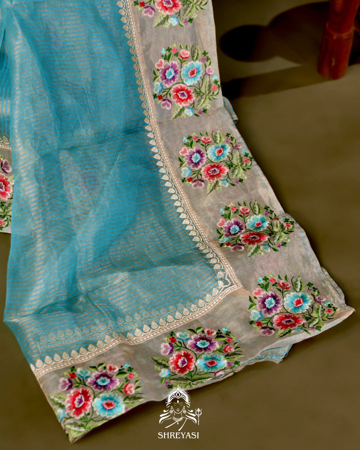 Handloom Banarasi Tissue Stripe Silk Saree with Satin Stitch Floral Embroidered Borders