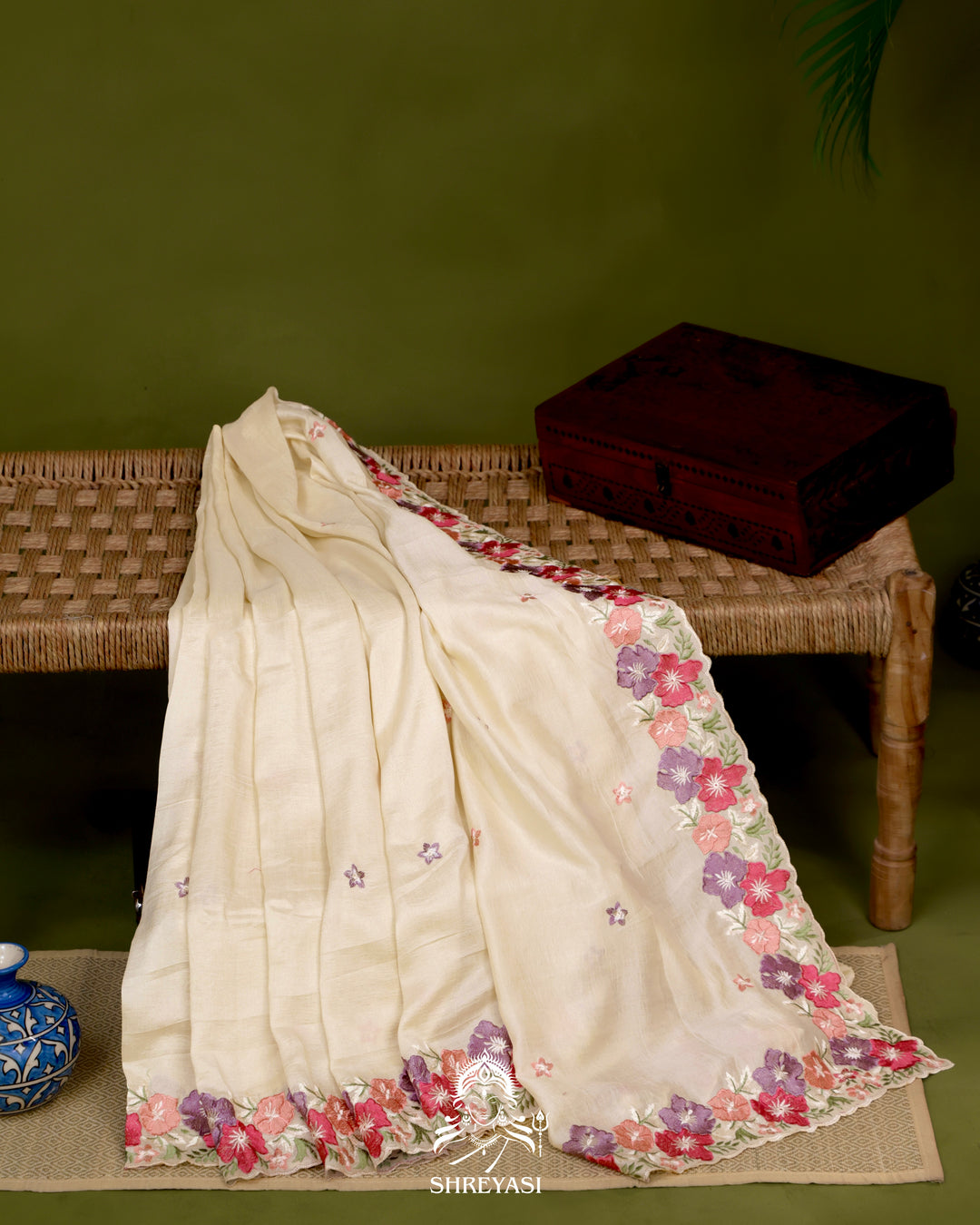 Tussar Silk Saree with Resham Floral Embroidery Border