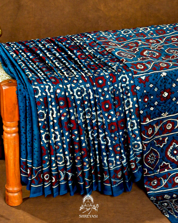 Mirror Work Pure Modal Silk Ajrakh Hand Block Printed Saree | Naturally Dyed Artisan Collection