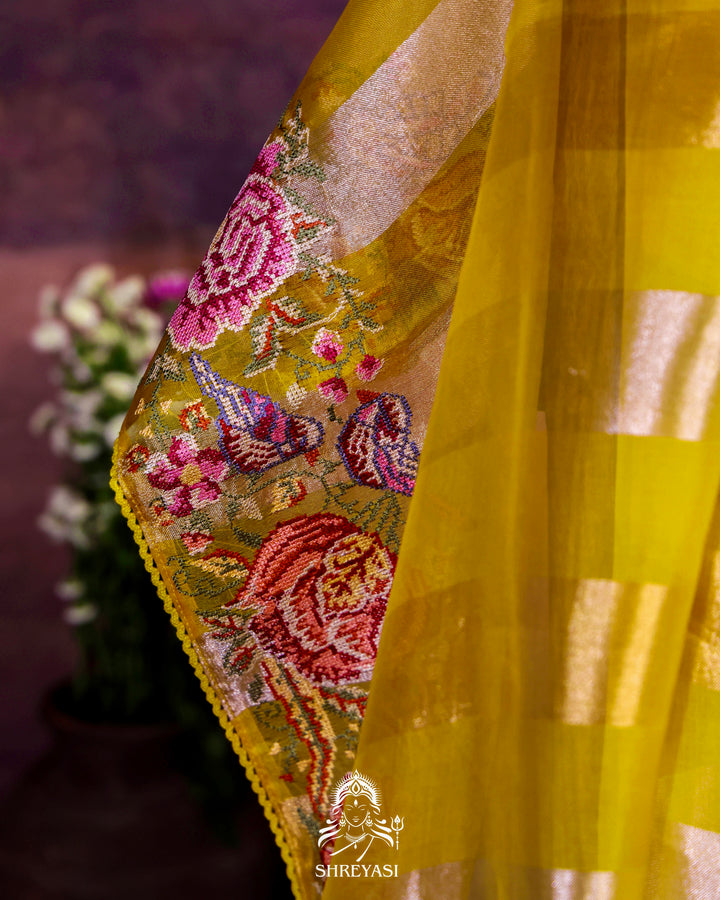 Pure Tissue Silk Saree with Zari Stripes and Petit Point Embroidered Borders