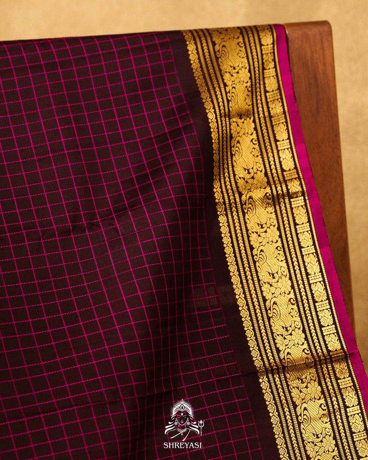 Vintage Style Kanjivaram Silk Saree with Kattam Checks & Small Borders