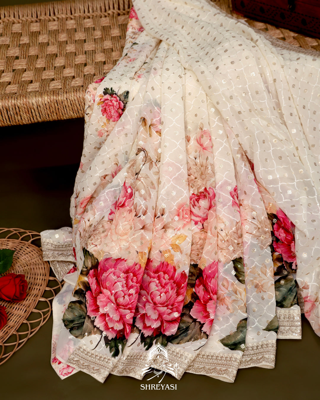 Georgette Floral Saree with Thread Embroidery and Micro Sequins