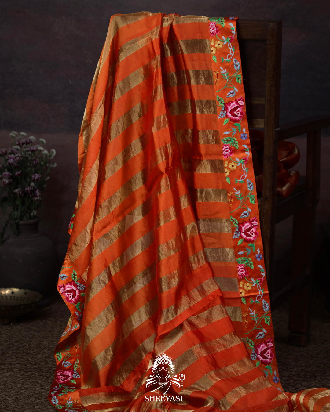 Handloom Pure Banarasi Tissue Stripes Saree with Petit Point Embroidered Borders