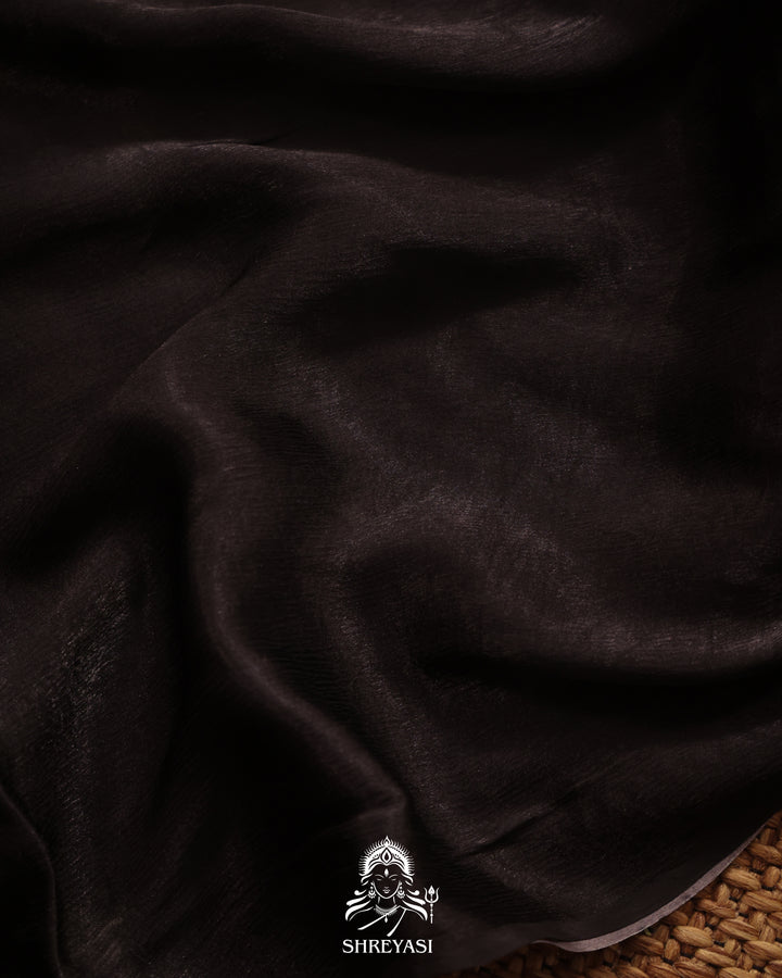 Black Chinon Satin Floral Saree with Embroidered Border