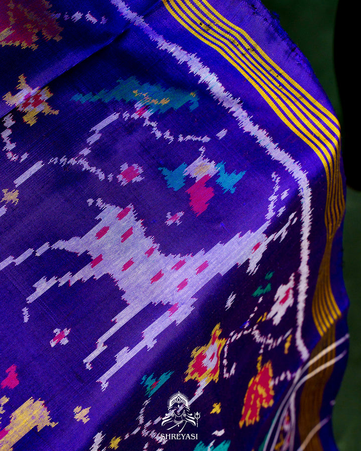Handloom Pure Rajkot Single Ikat Patola Silk Saree with Hand-Embroidered Raw Silk Blouse
