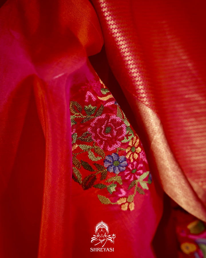 Handloom Pure Kanjivaram Soft Silk Saree with Petit Point Embroidered Floral Bird Clusters