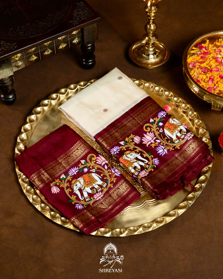 Traditional Tanjore Painting on Handloom Pure Kanjivaram Silk Sarees with Real Zari