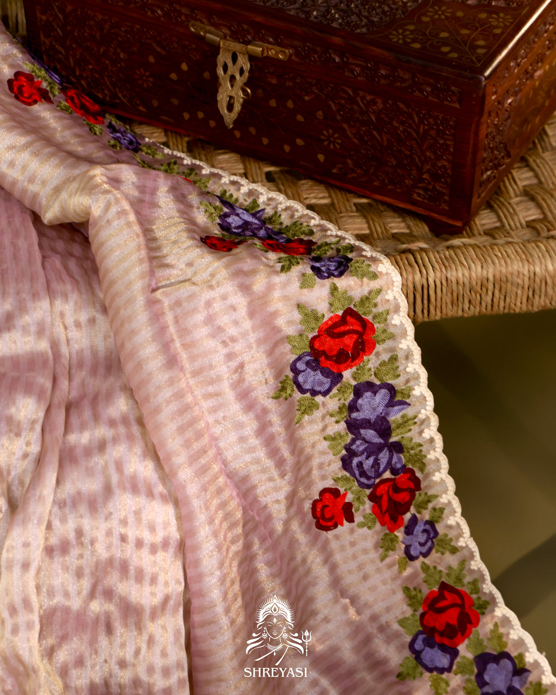 Chanderi Tissue Saree with Pita & Thread Floral Embroidery