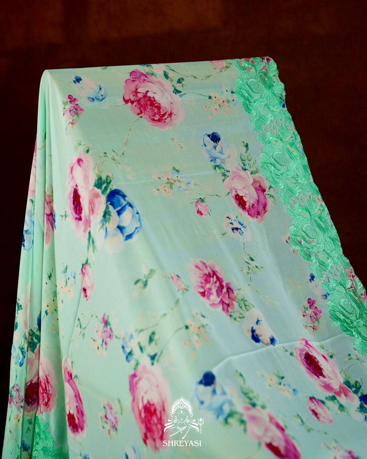 Pure Georgette Floral Saree with Chantilly Lace Embroidery Border