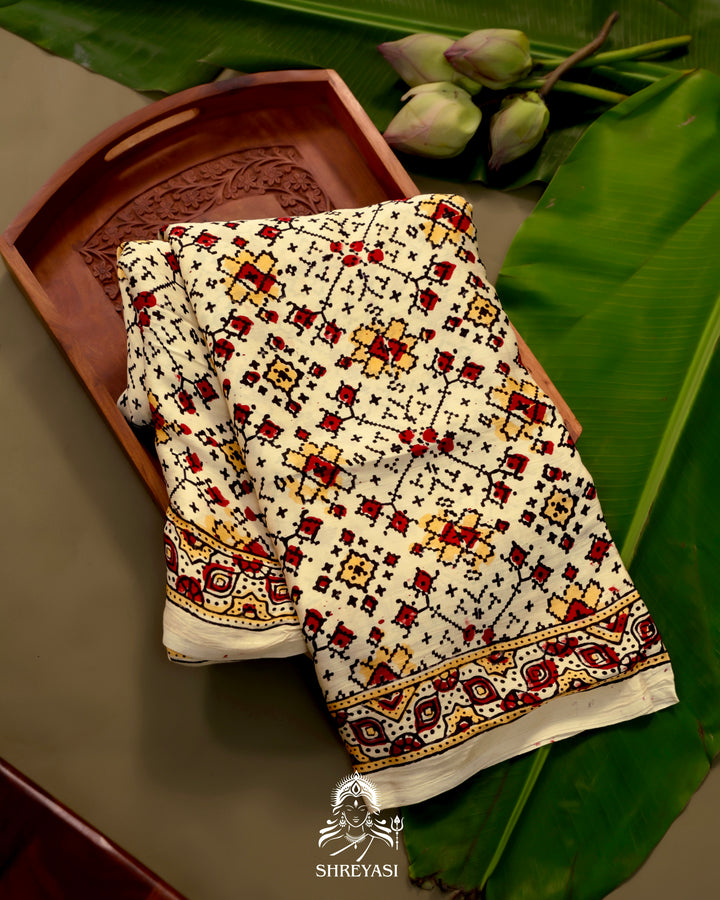 Pure Modal Gaji Silk Lagdi Patta Ivory Red Ajrakh Saree in Natural Dyes