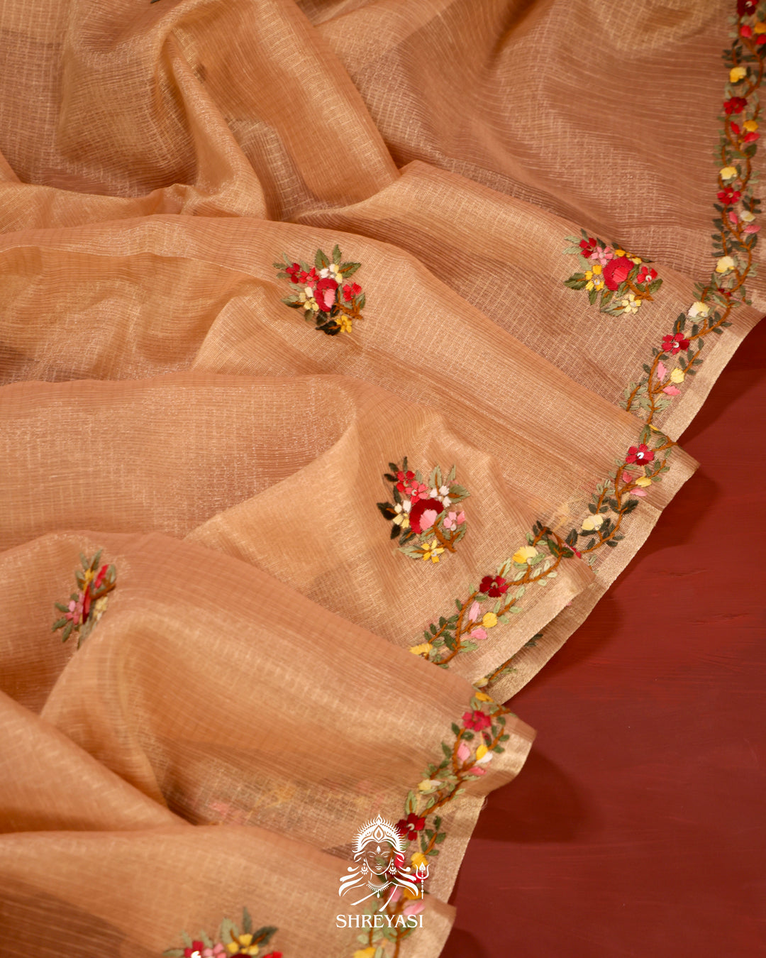 Tissue Linen Saree with Resham Floral Embroidery