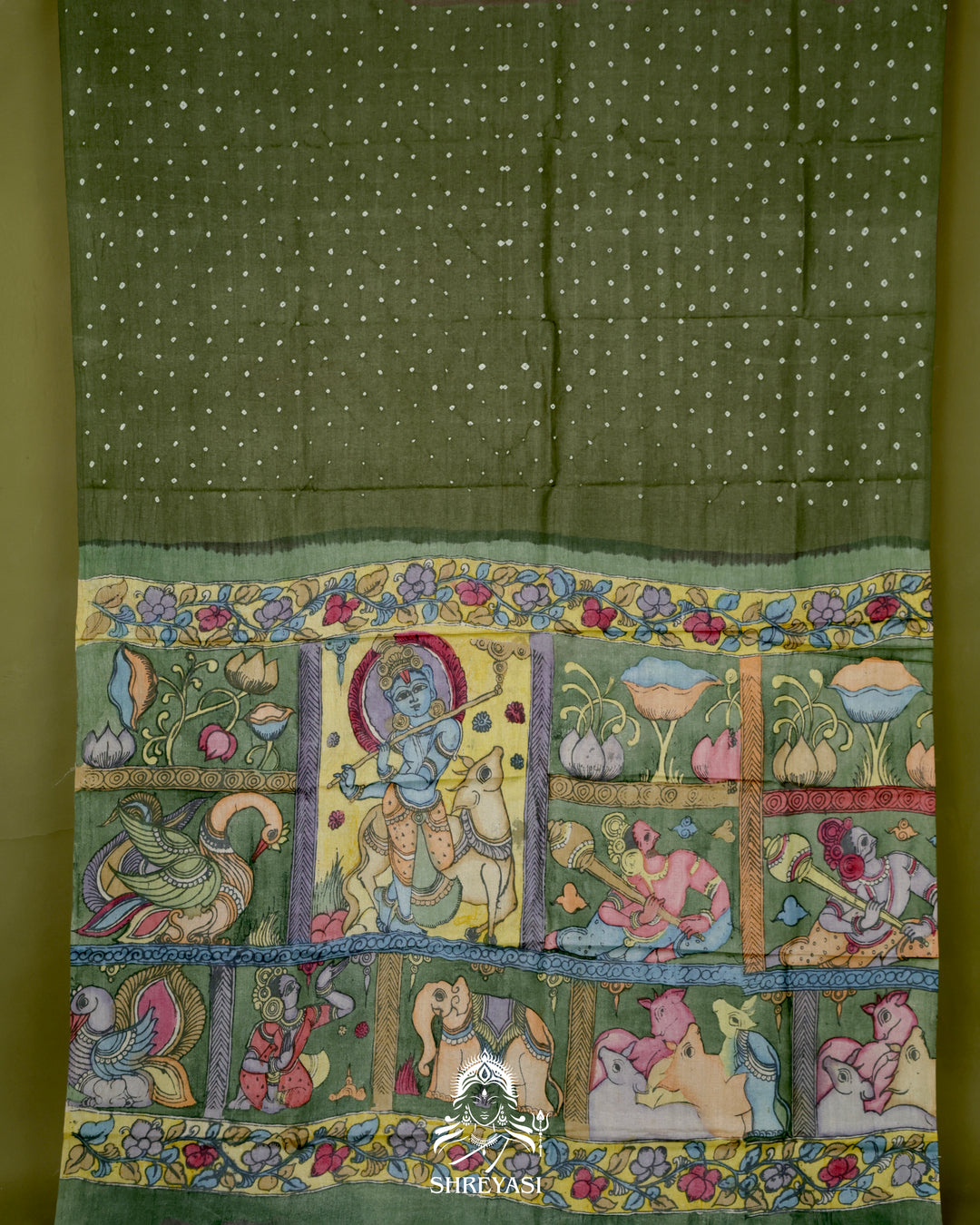 Handloom Pure Tussar Silk Saree with Hand Knotted Bandhej and Pen Kalamkari Pallu and Blouse