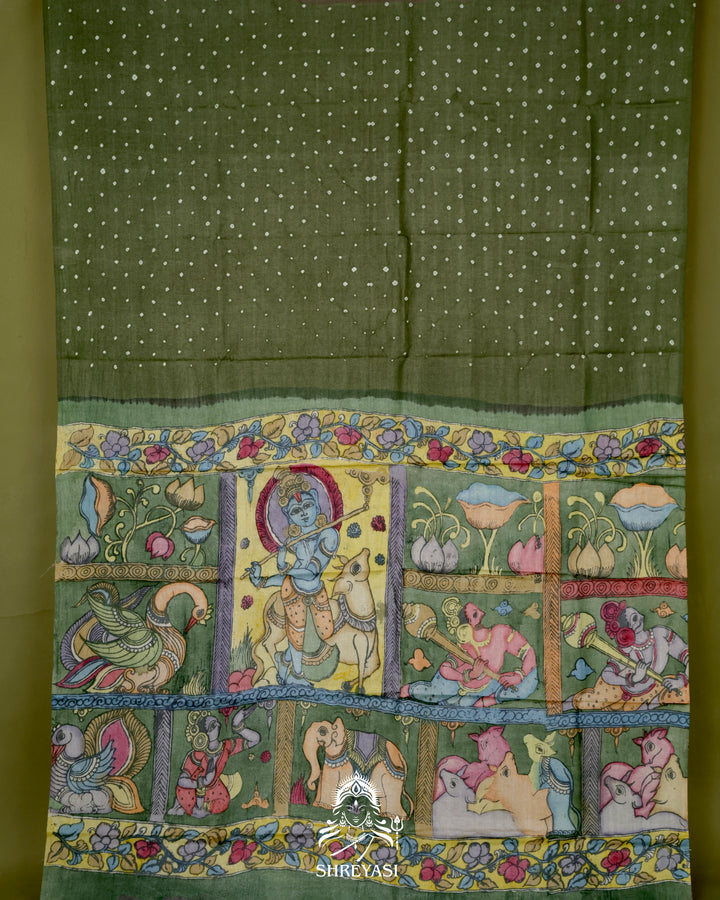 Handloom Pure Tussar Silk Saree with Hand Knotted Bandhej and Pen Kalamkari Pallu and Blouse