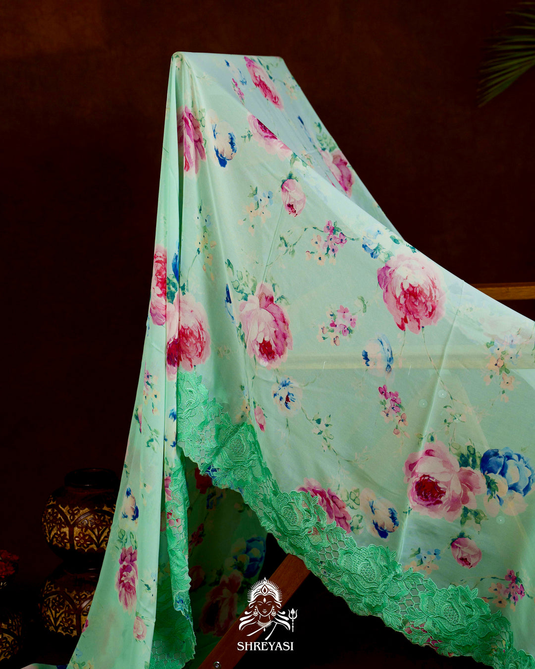 Pure Georgette Floral Saree with Chantilly Lace Embroidery Border