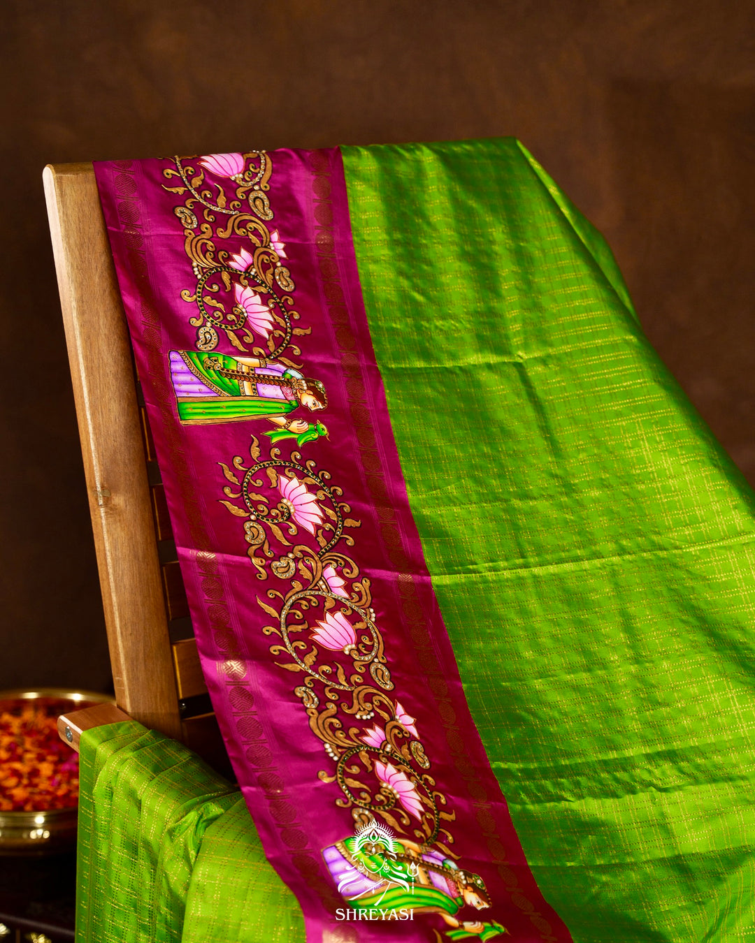 Traditional Tanjore Painting on Handloom Pure Kanjivaram Silk Sarees with Real Zari