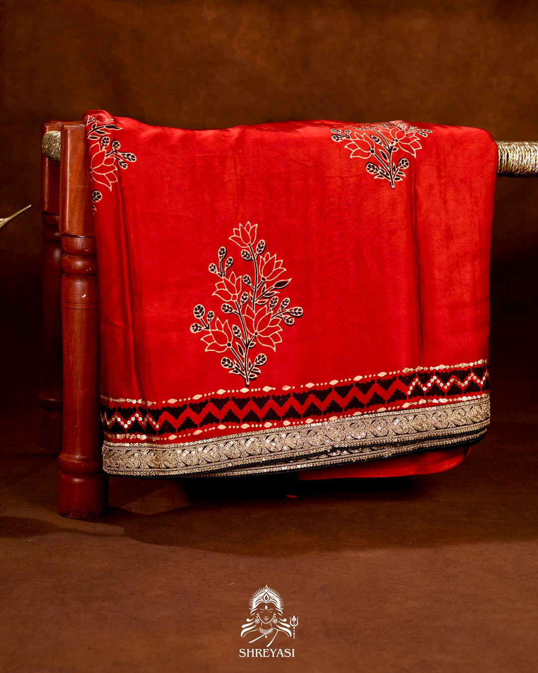 Handloom Pure Modal Silk Ajrakh Hand Block Printed Saree with Natural Dyes, All Over Aari Embroidery & Embroidered Borders